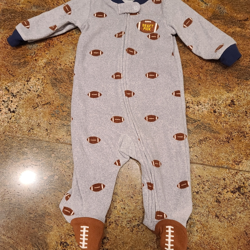 2 fleece football baby footed onesies